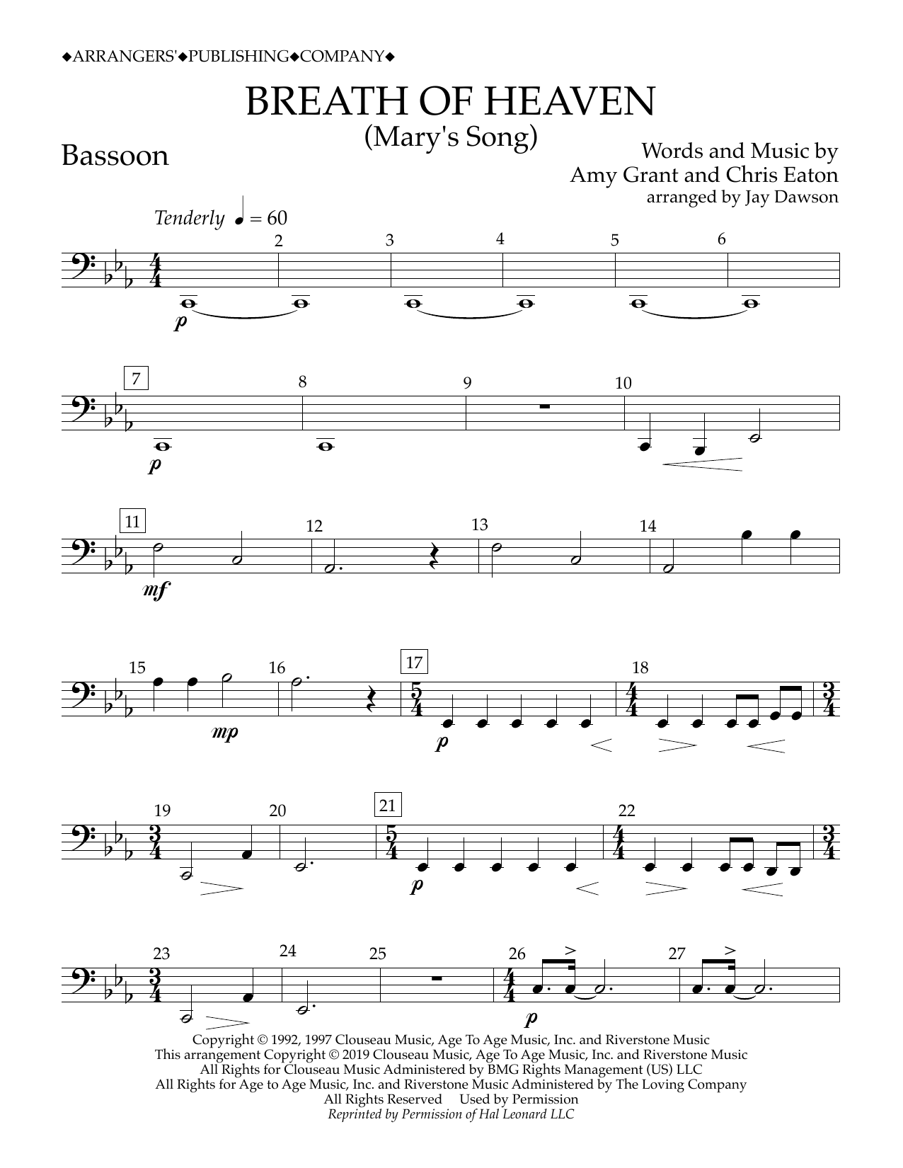 Amy Grant Breath of Heaven (Mary's Song) (arr. Jay Dawson) - Bassoon sheet music notes and chords arranged for Concert Band