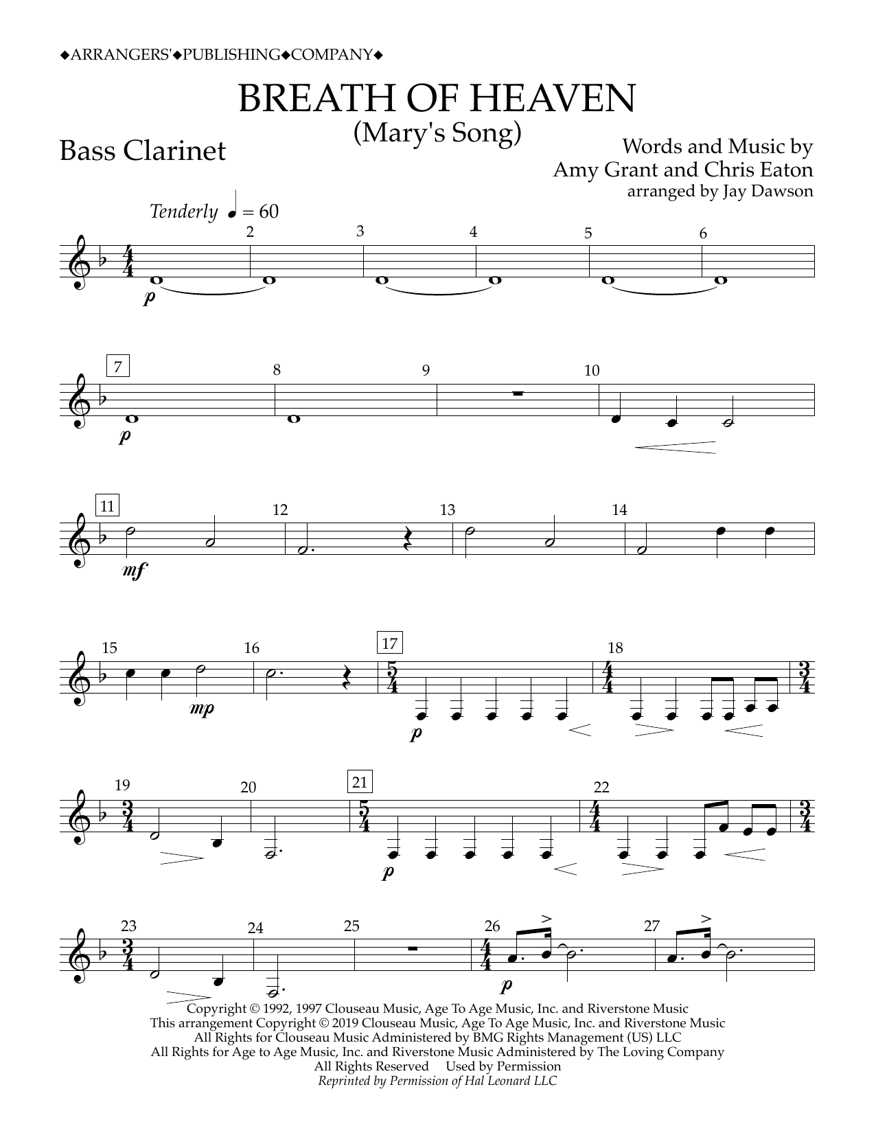 Amy Grant Breath of Heaven (Mary's Song) (arr. Jay Dawson) - Bb Bass Clarinet sheet music notes and chords arranged for Concert Band
