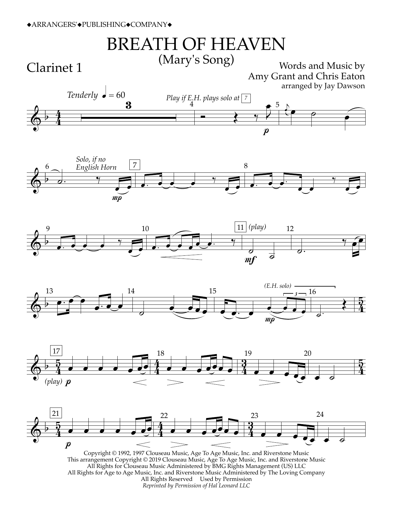 Amy Grant Breath of Heaven (Mary's Song) (arr. Jay Dawson) - Clarinet 1 sheet music notes and chords arranged for Concert Band