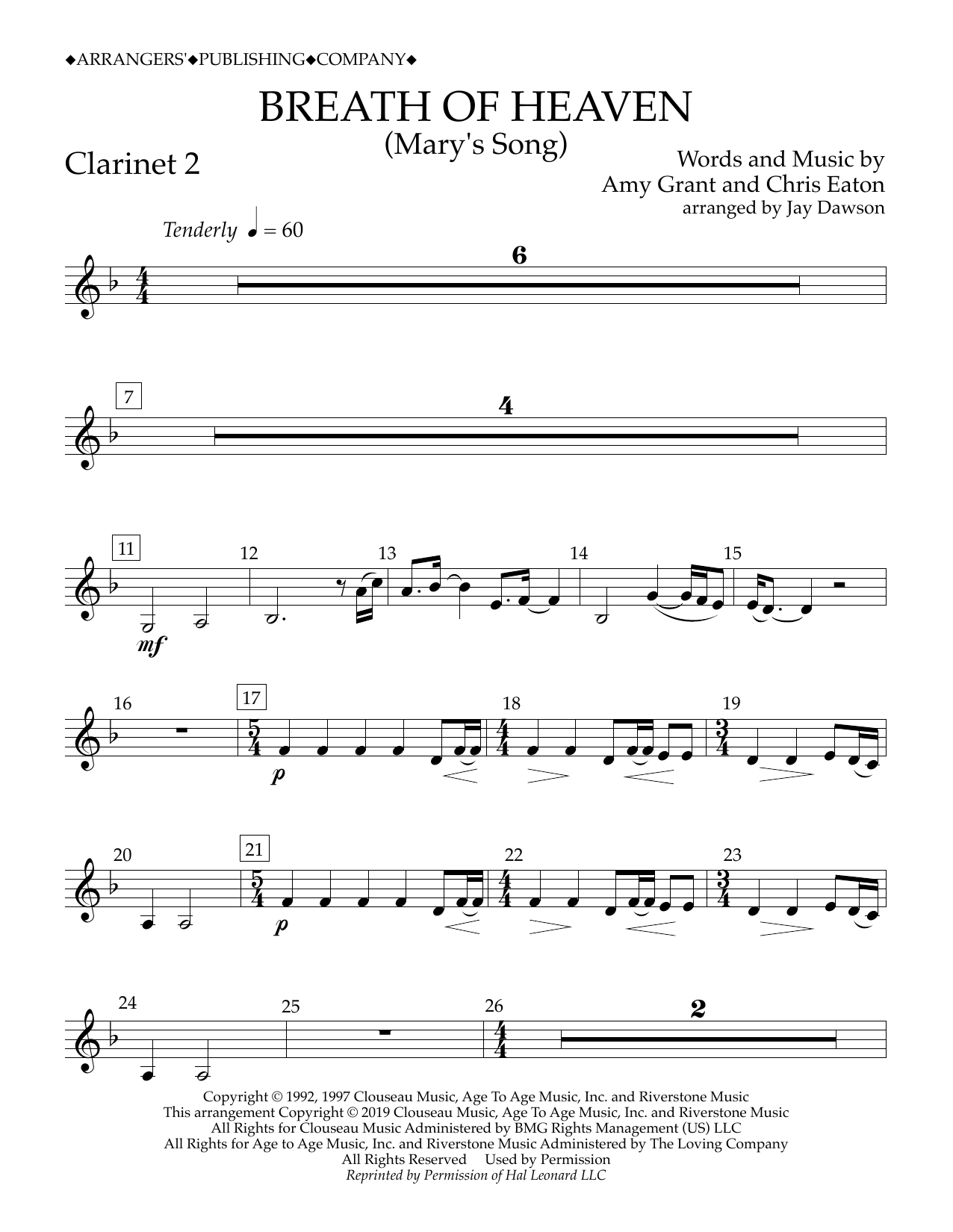Amy Grant Breath of Heaven (Mary's Song) (arr. Jay Dawson) - Clarinet 2 sheet music notes and chords arranged for Concert Band
