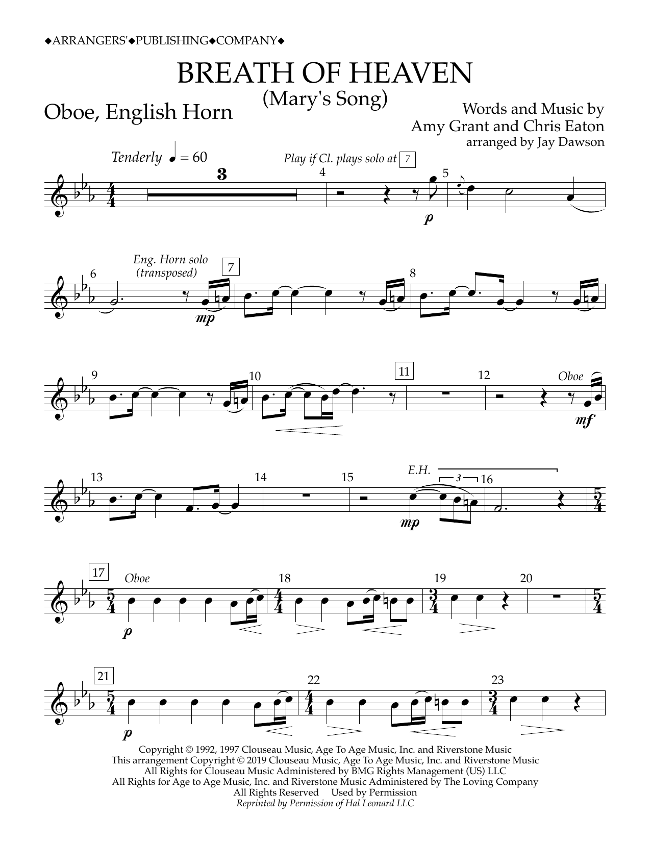 Amy Grant Breath of Heaven (Mary's Song) (arr. Jay Dawson) - Oboe, English Horn sheet music notes and chords arranged for Concert Band