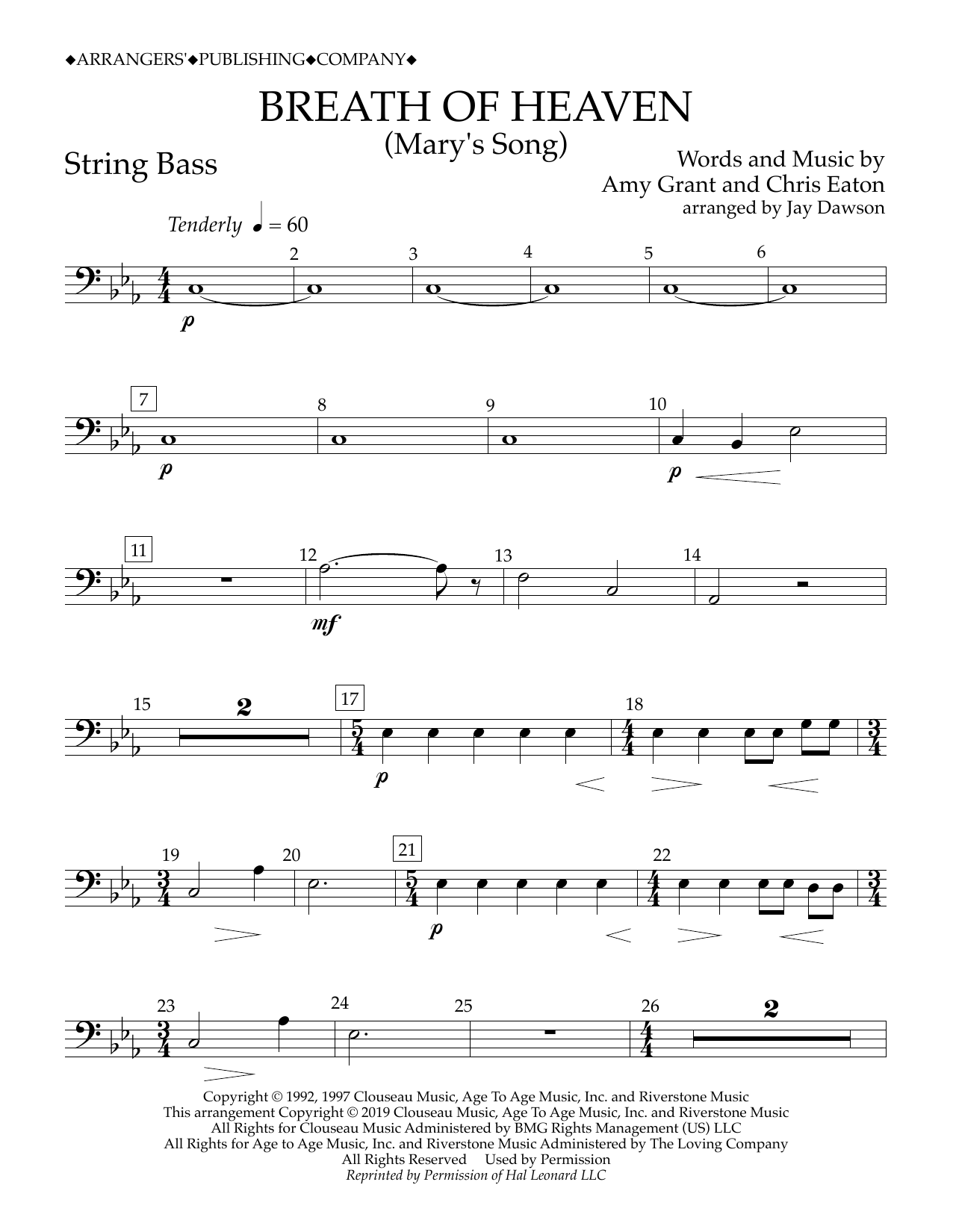 Amy Grant Breath of Heaven (Mary's Song) (arr. Jay Dawson) - String Bass sheet music notes and chords arranged for Concert Band