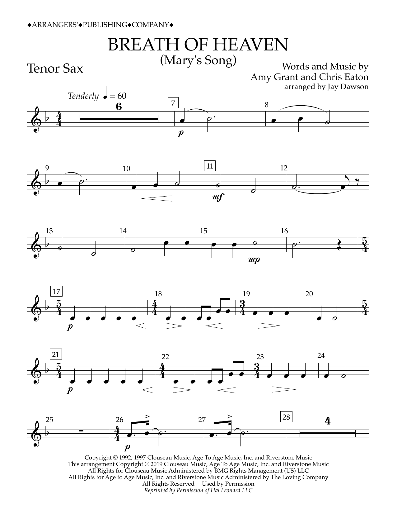 Amy Grant Breath of Heaven (Mary's Song) (arr. Jay Dawson) - Tenor Sax sheet music notes and chords arranged for Concert Band