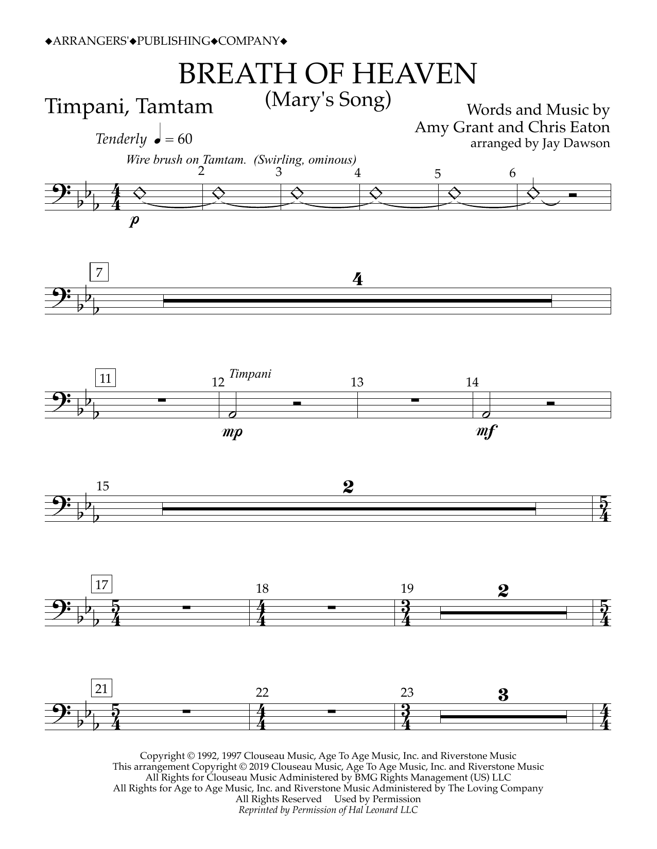 Amy Grant Breath of Heaven (Mary's Song) (arr. Jay Dawson) - Timpani, Tamtam sheet music notes and chords arranged for Concert Band