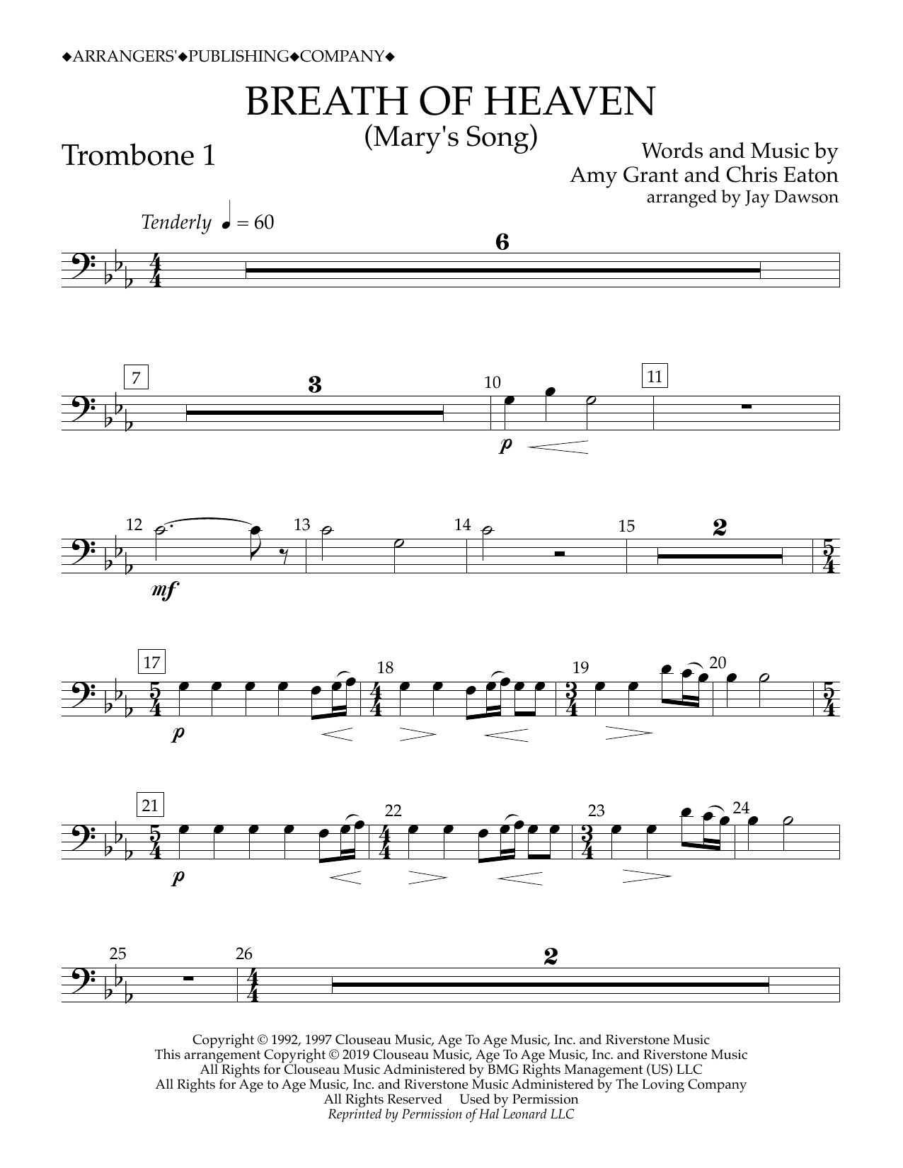 Amy Grant Breath of Heaven (Mary's Song) (arr. Jay Dawson) - Trombone 1 sheet music notes and chords arranged for Concert Band