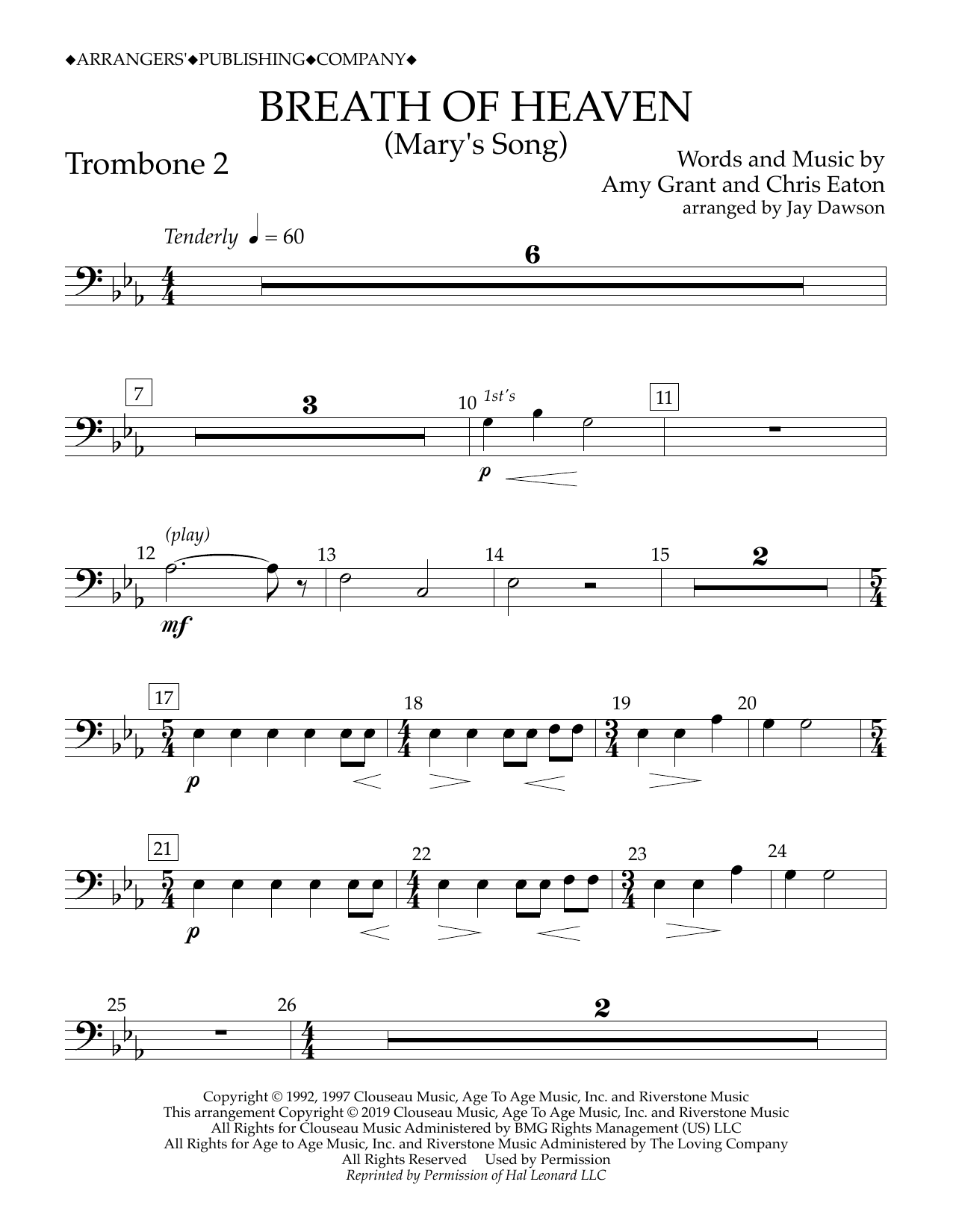 Amy Grant Breath of Heaven (Mary's Song) (arr. Jay Dawson) - Trombone 2 sheet music notes and chords arranged for Concert Band