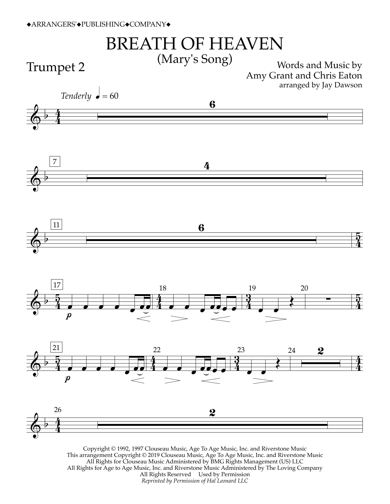 Amy Grant Breath of Heaven (Mary's Song) (arr. Jay Dawson) - Trumpet 2 sheet music notes and chords arranged for Concert Band