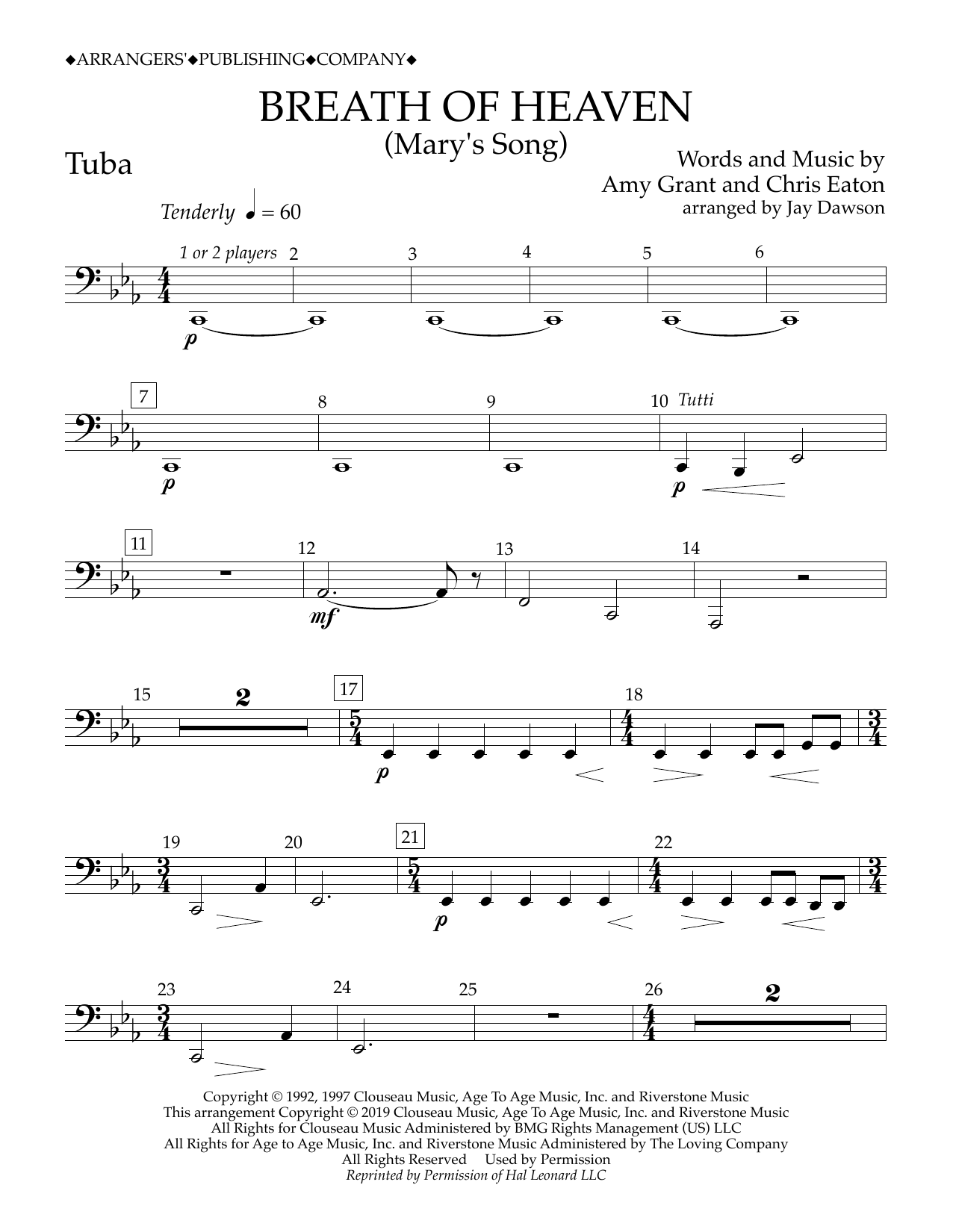 Amy Grant Breath of Heaven (Mary's Song) (arr. Jay Dawson) - Tuba sheet music notes and chords arranged for Concert Band