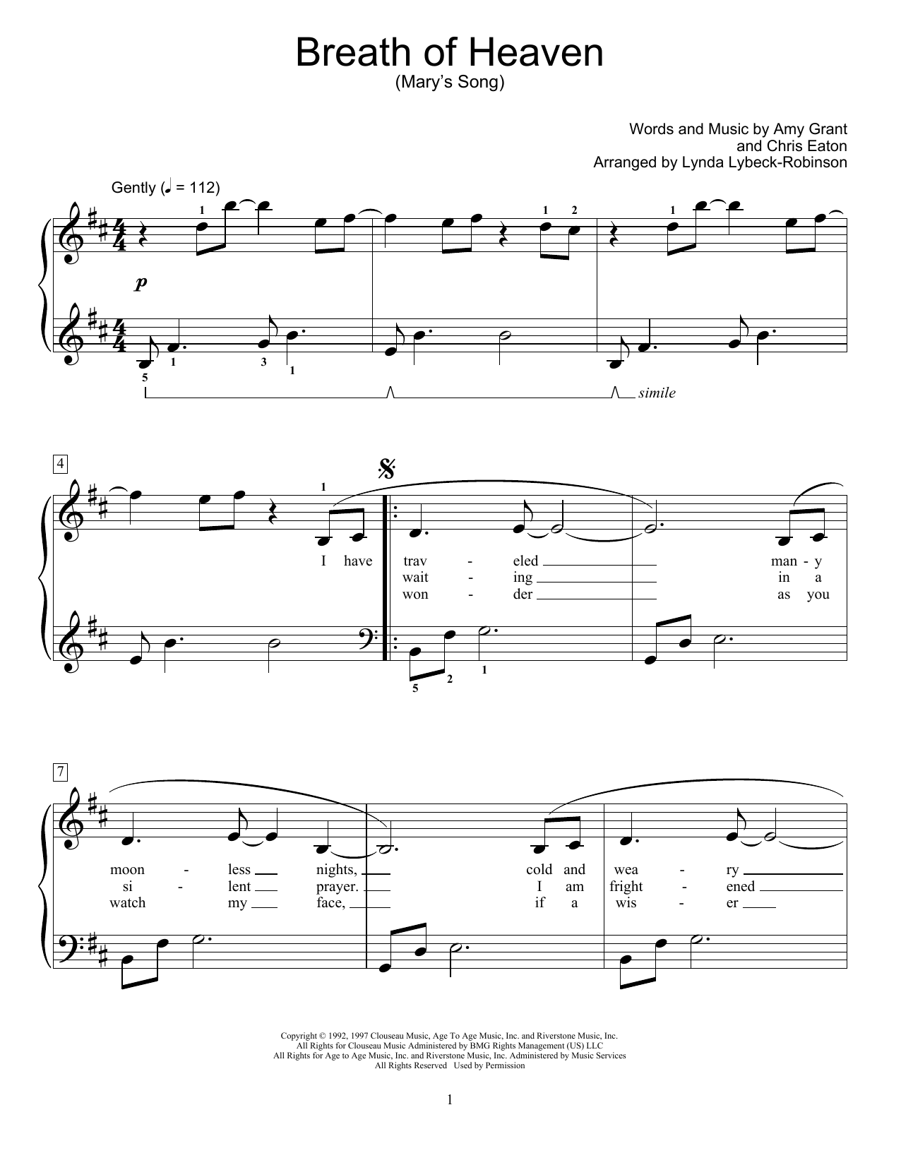 Amy Grant Breath Of Heaven (Mary's Song) (arr. Lynda Lybeck-Robinson) sheet music notes and chords arranged for Educational Piano