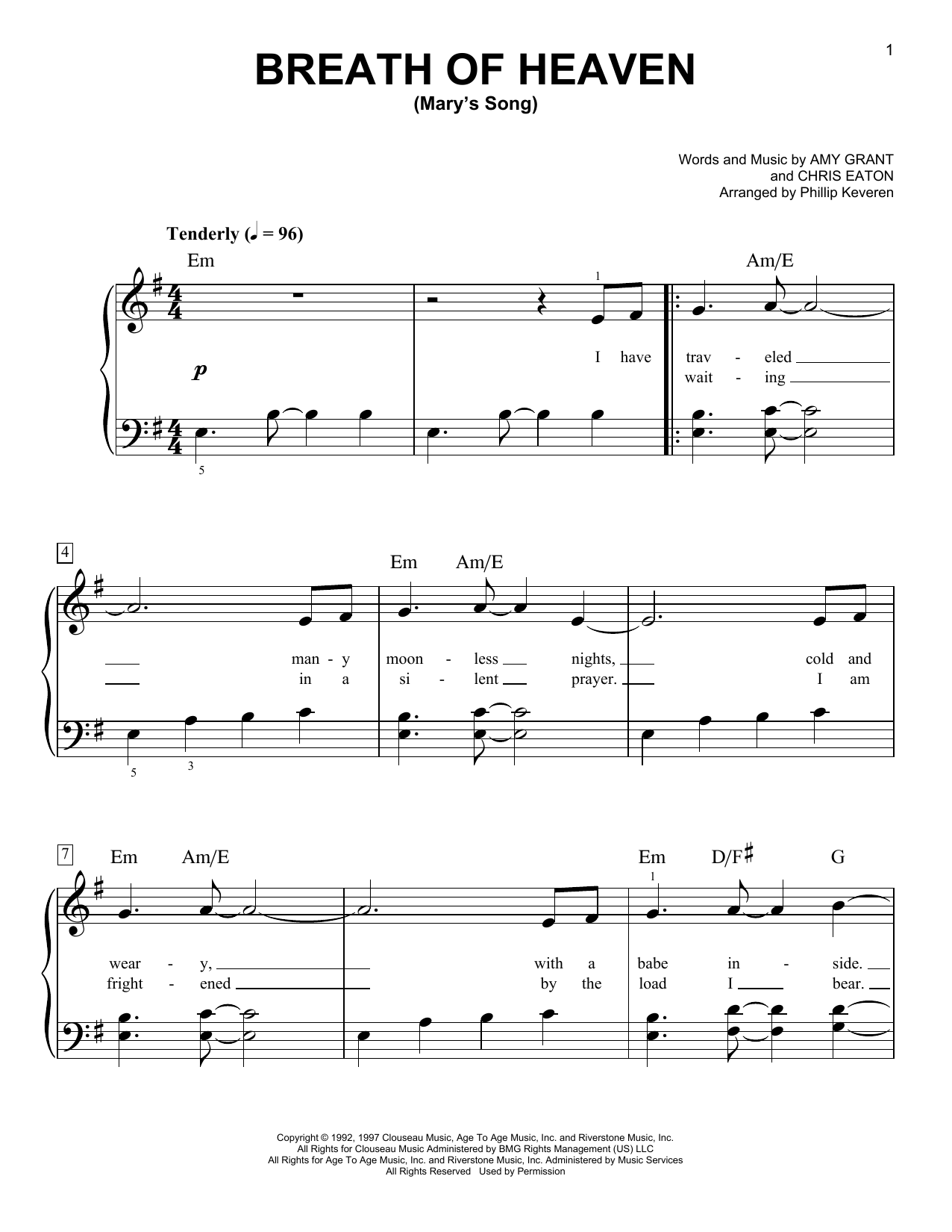 Amy Grant Breath Of Heaven (Mary's Song) (arr. Phillip Keveren) sheet music notes and chords arranged for Easy Piano