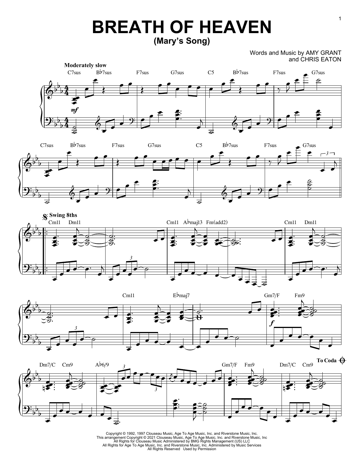 Amy Grant Breath Of Heaven (Mary's Song) [Jazz version] (arr. Brent Edstrom) sheet music notes and chords arranged for Piano Solo