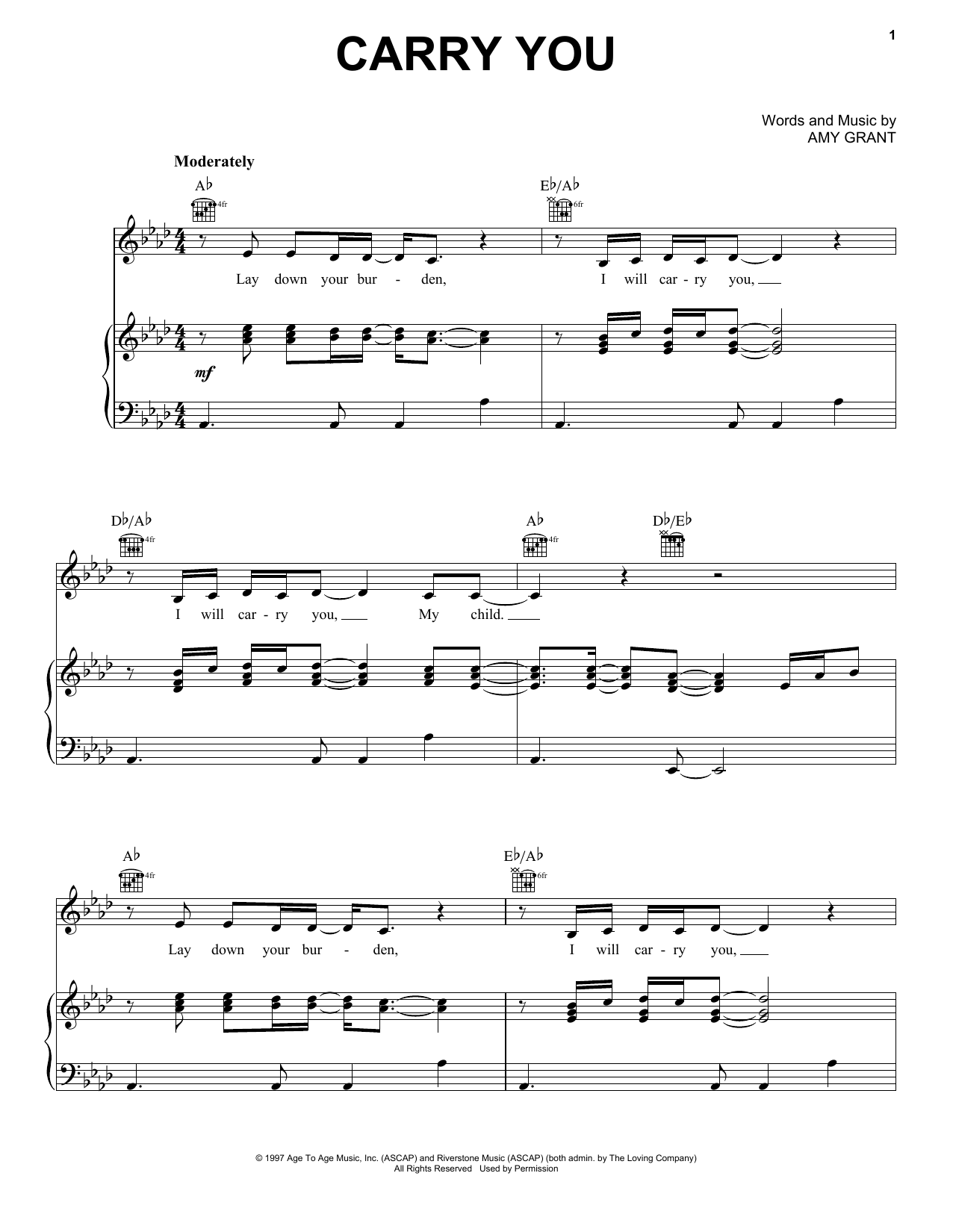 Amy Grant Carry You sheet music notes and chords arranged for Piano, Vocal & Guitar Chords (Right-Hand Melody)