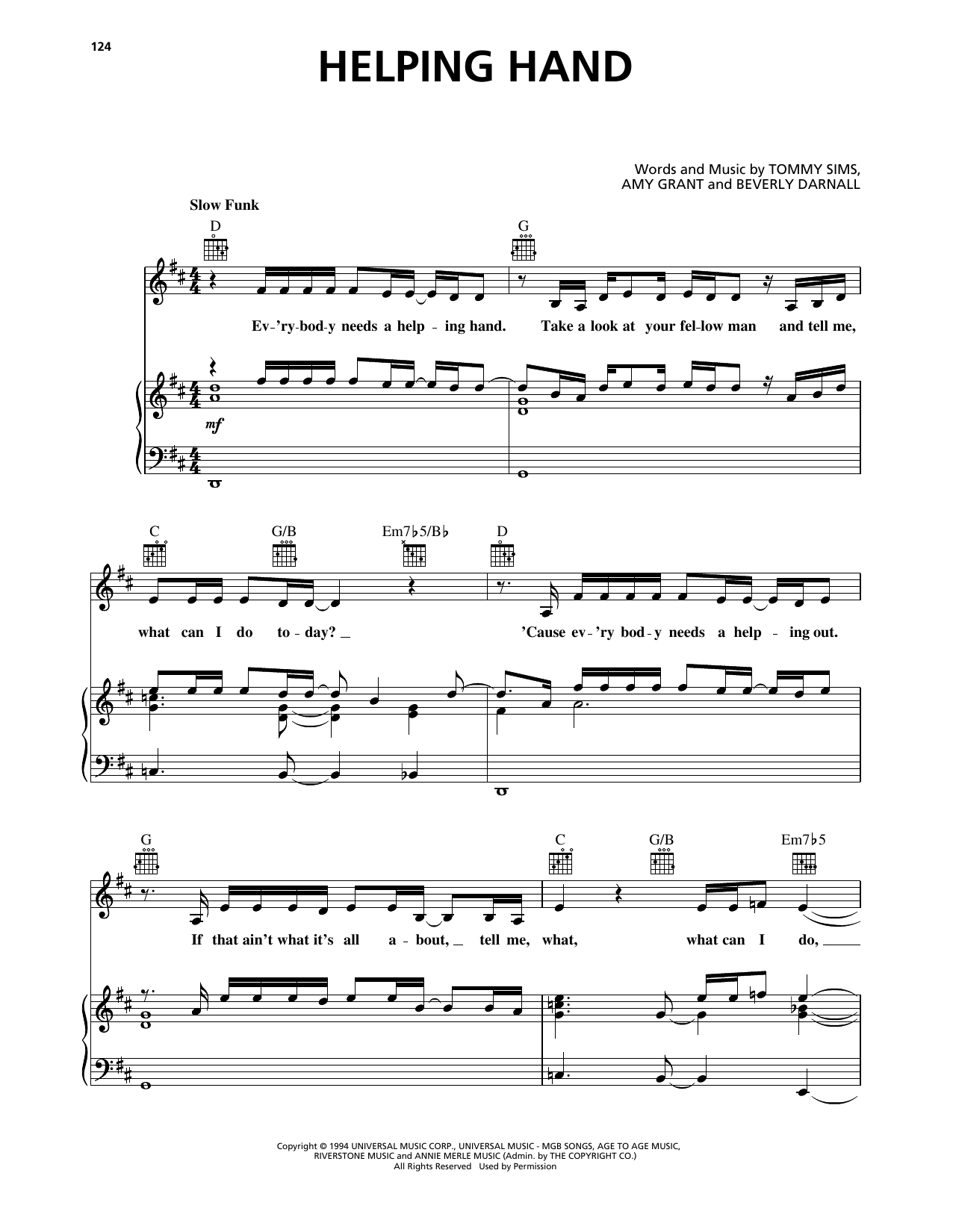 Amy Grant Helping Hand sheet music notes and chords arranged for Piano, Vocal & Guitar Chords (Right-Hand Melody)