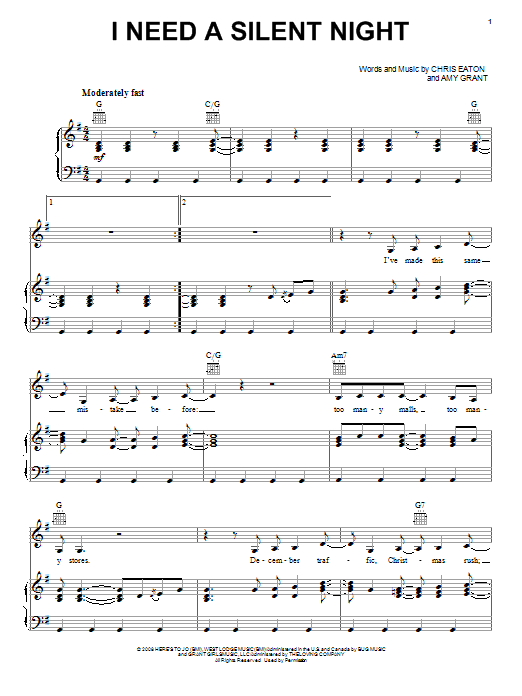 Amy Grant I Need A Silent Night sheet music notes and chords arranged for Piano, Vocal & Guitar Chords (Right-Hand Melody)