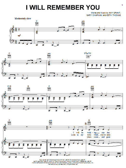 Amy Grant I Will Remember You sheet music notes and chords arranged for Piano, Vocal & Guitar Chords (Right-Hand Melody)