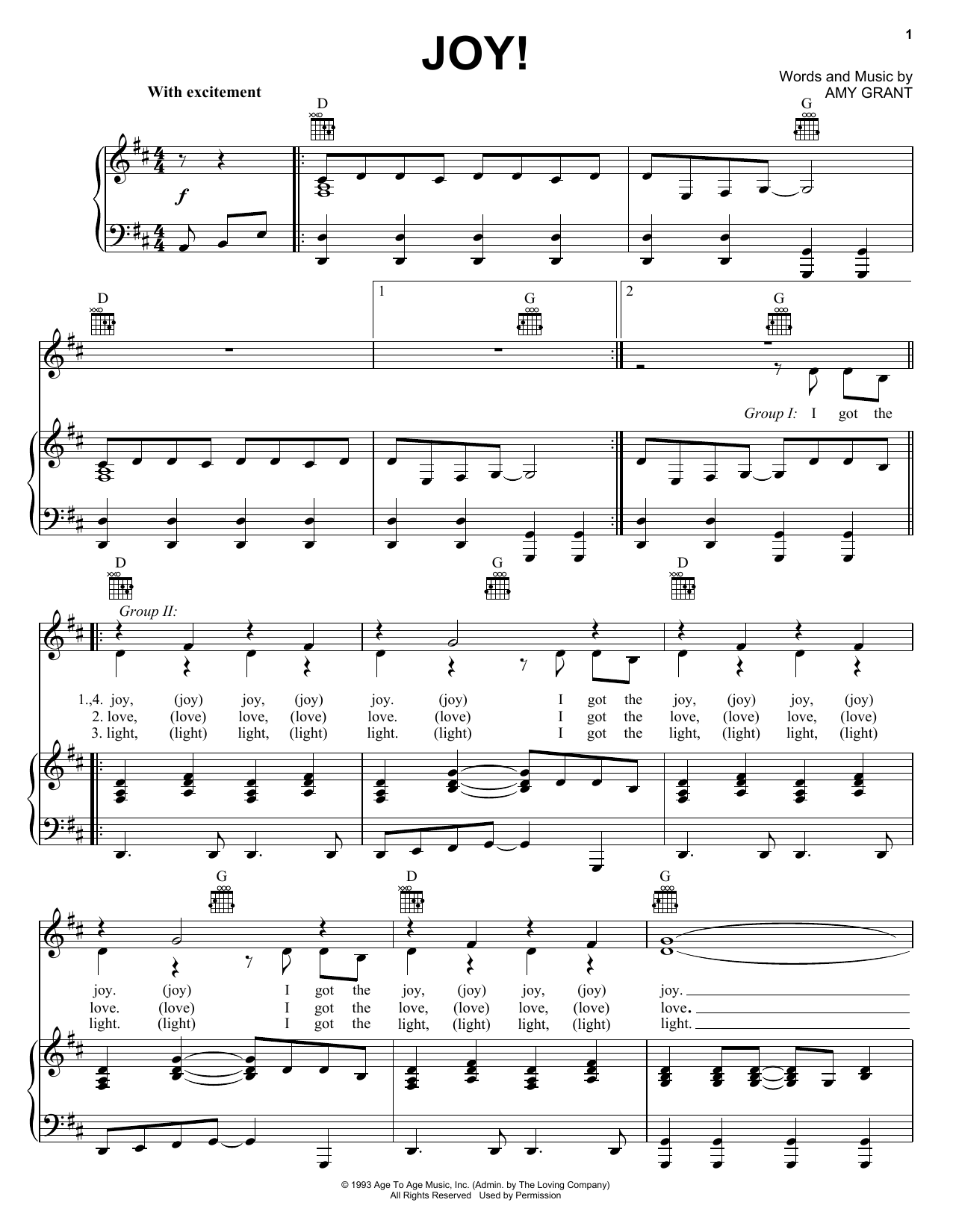 Amy Grant Joy! sheet music notes and chords arranged for Piano, Vocal & Guitar Chords (Right-Hand Melody)