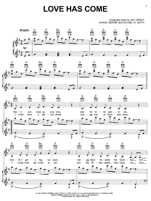 Amy Grant Love Has Come sheet music notes and chords arranged for Piano, Vocal & Guitar Chords (Right-Hand Melody)