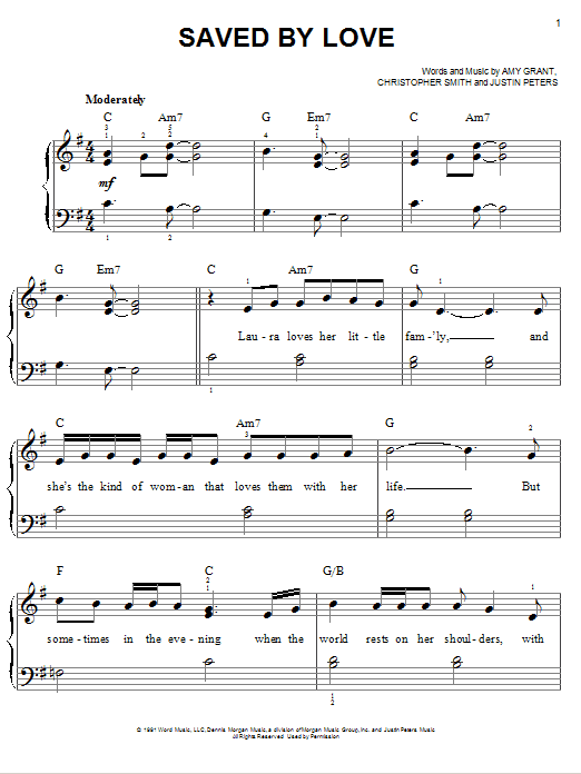 Amy Grant Saved By Love sheet music notes and chords arranged for Piano, Vocal & Guitar Chords (Right-Hand Melody)