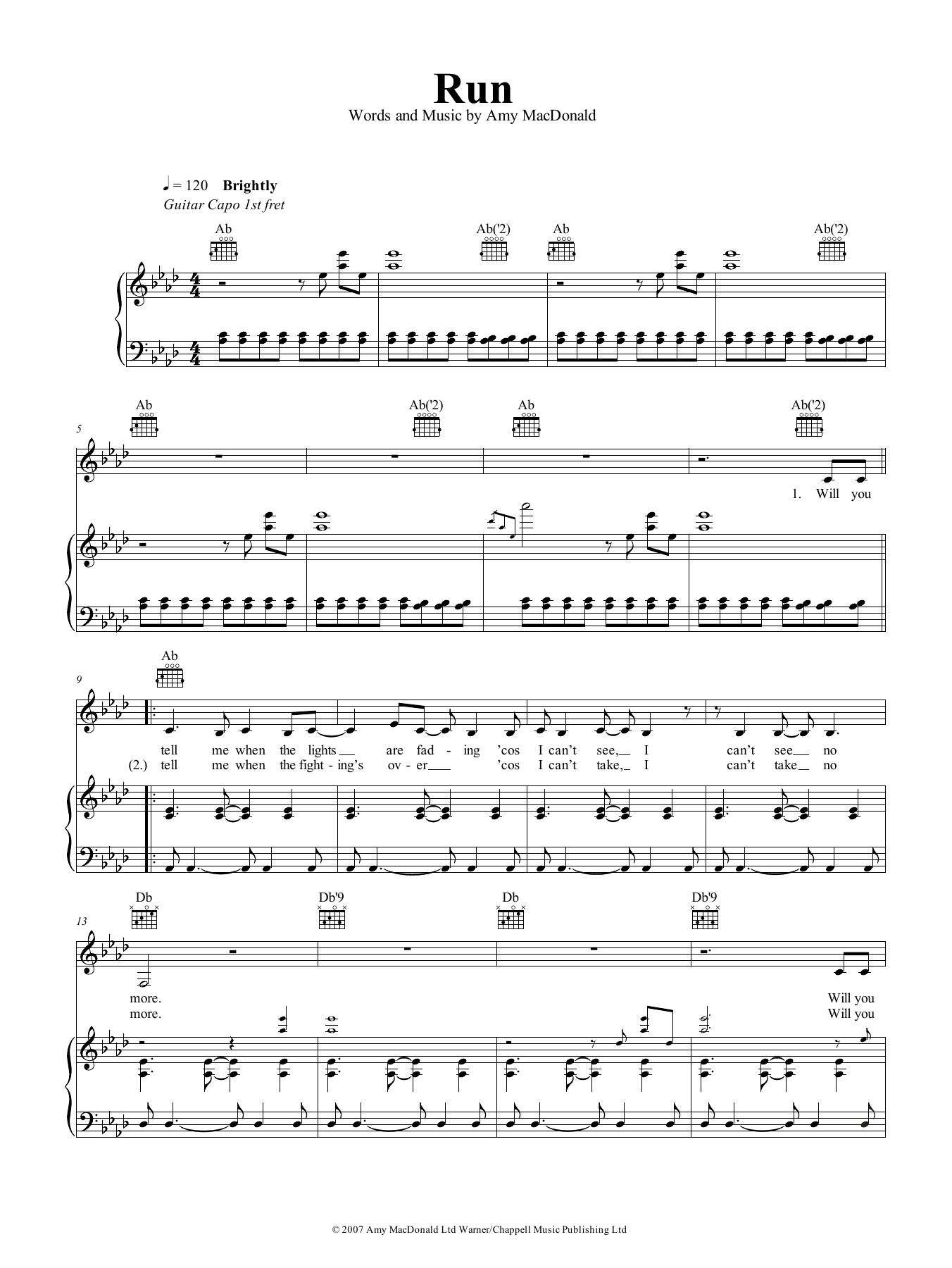 Amy MacDonald Run sheet music notes and chords arranged for Piano, Vocal & Guitar Chords (Right-Hand Melody)