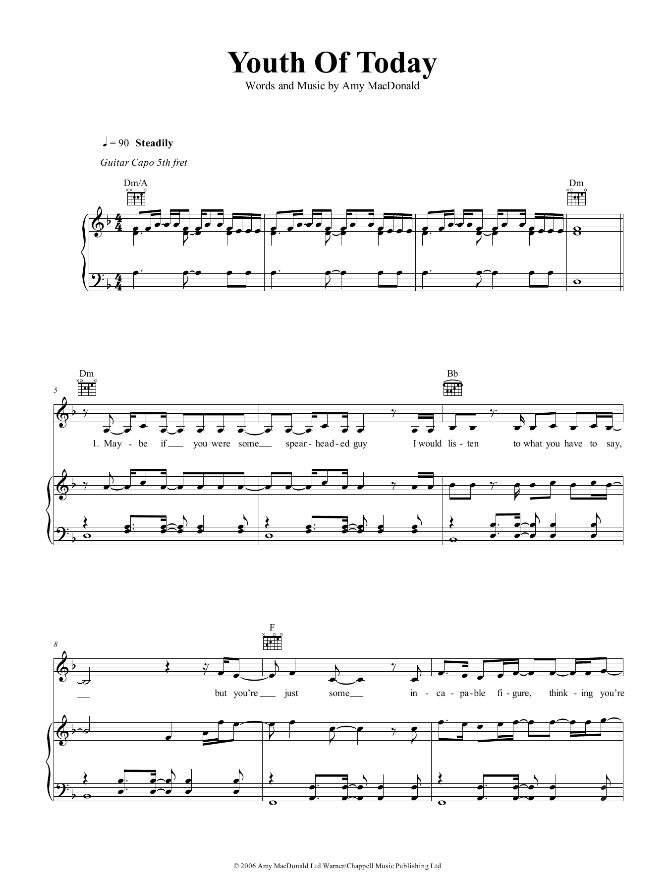 Amy MacDonald Youth Of Today sheet music notes and chords arranged for Piano, Vocal & Guitar Chords (Right-Hand Melody)