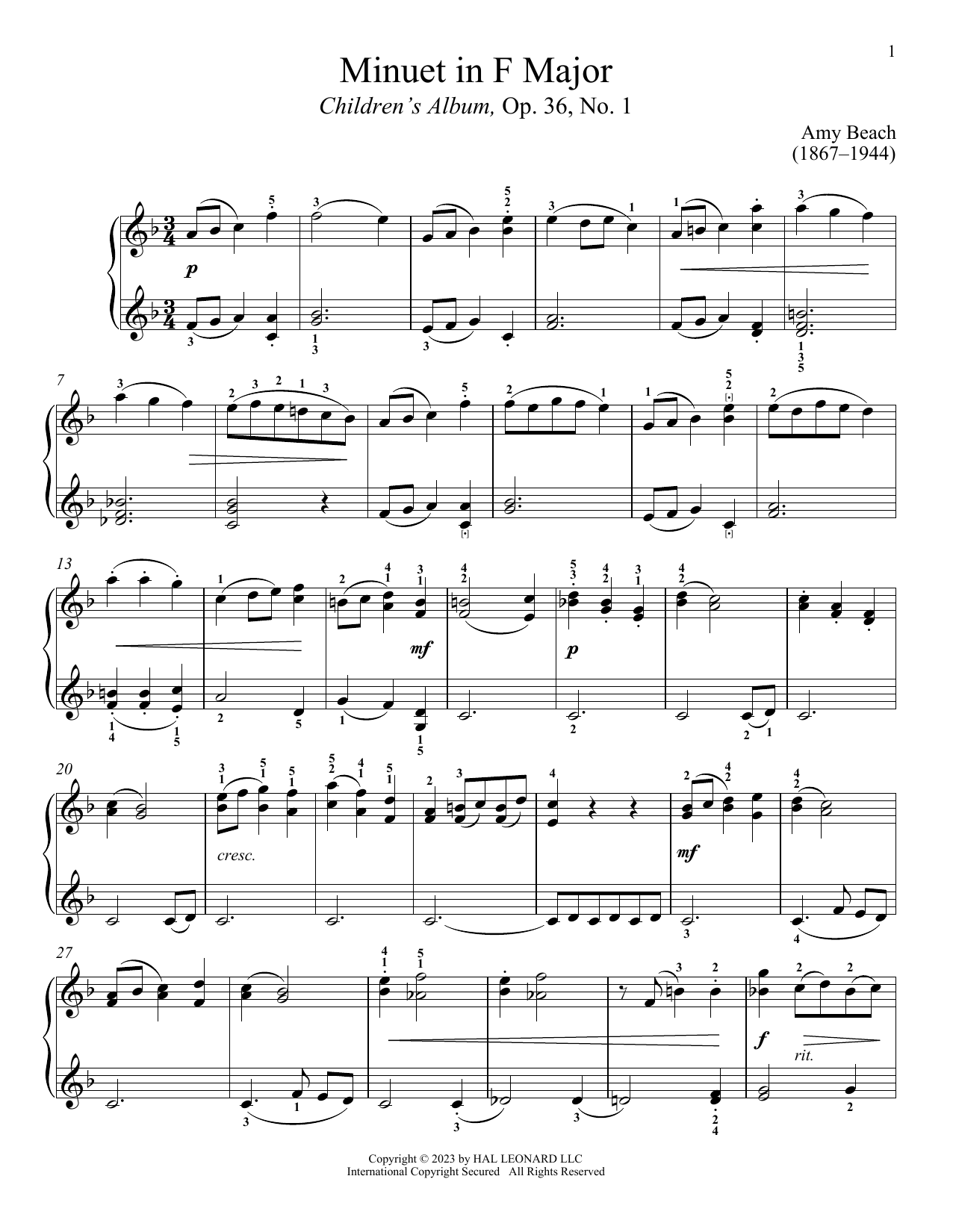 Amy Marcy Beach Minuet sheet music notes and chords arranged for Piano Solo