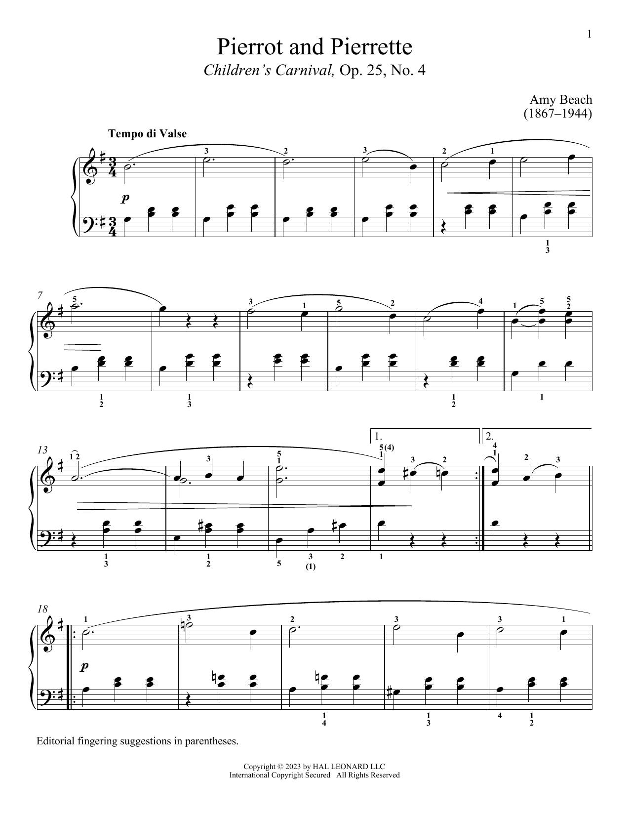 Amy Marcy Beach Pierrot and Pierrette sheet music notes and chords arranged for Piano Solo
