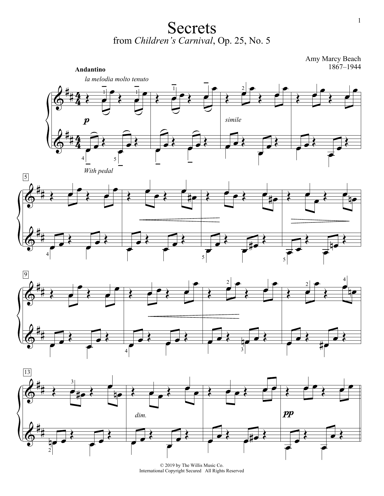 Amy Marcy Beach Secrets sheet music notes and chords arranged for Educational Piano
