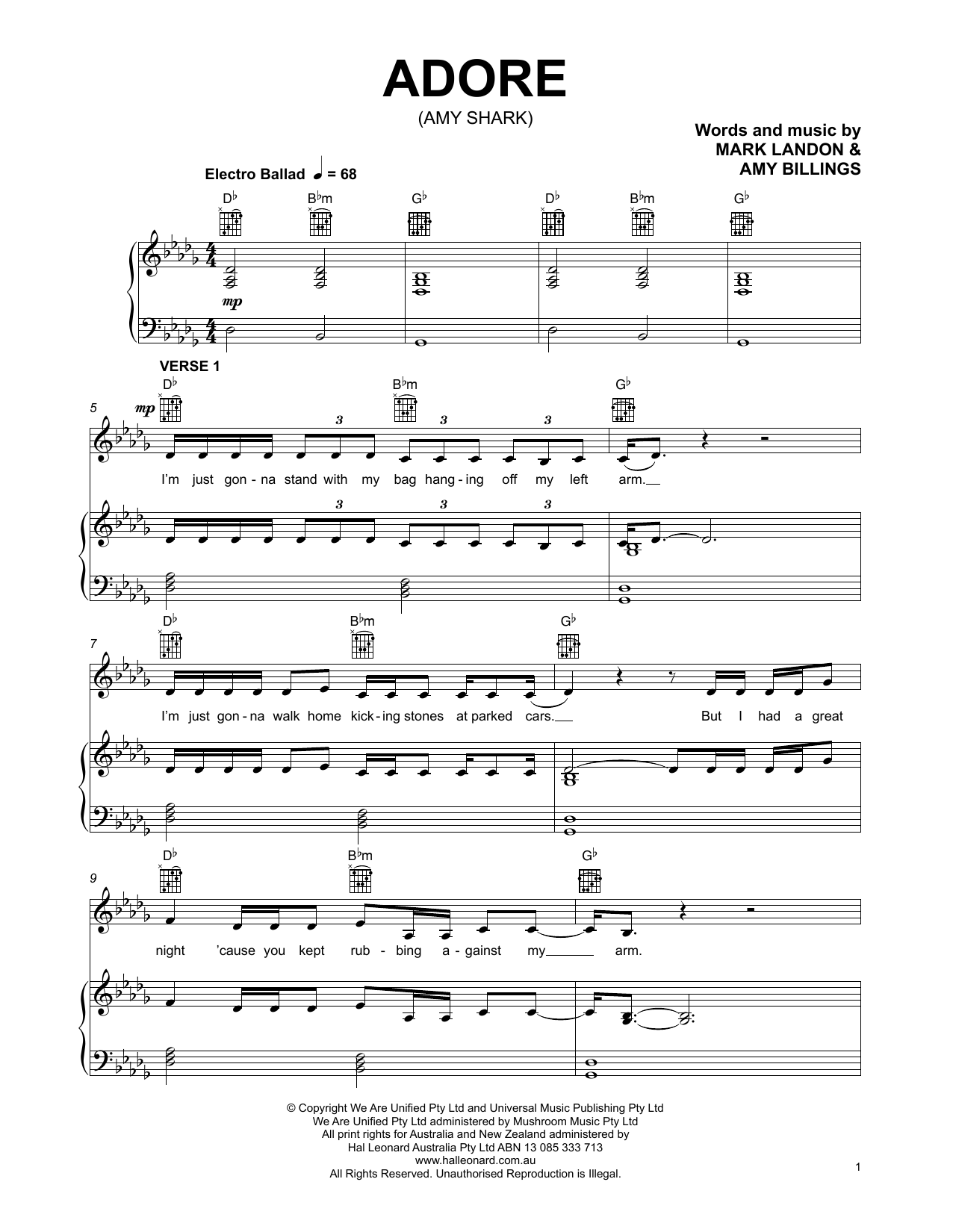 Amy Shark Adore sheet music notes and chords arranged for Piano, Vocal & Guitar Chords (Right-Hand Melody)