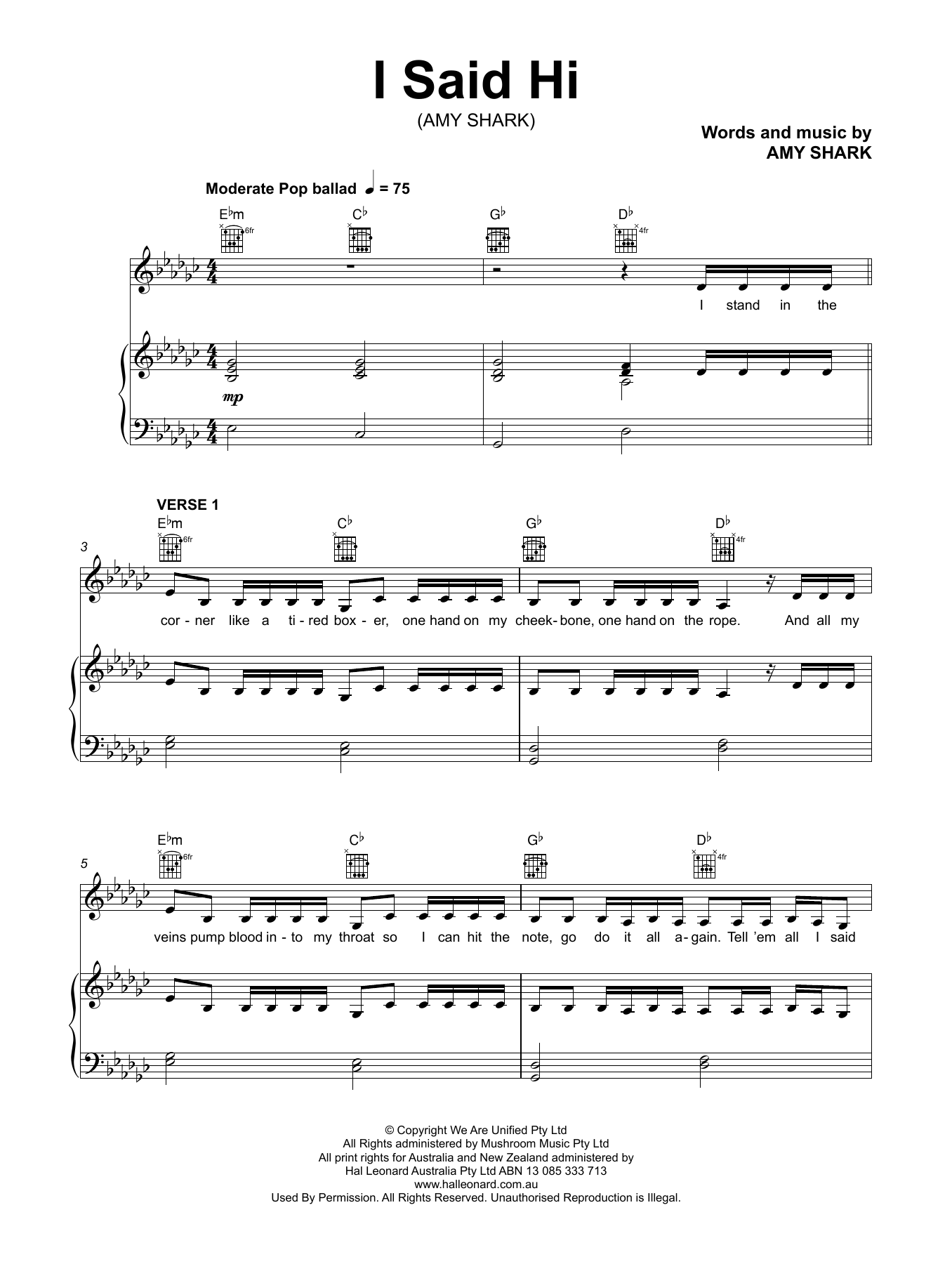 Amy Shark I Said Hi sheet music notes and chords arranged for Piano, Vocal & Guitar Chords (Right-Hand Melody)
