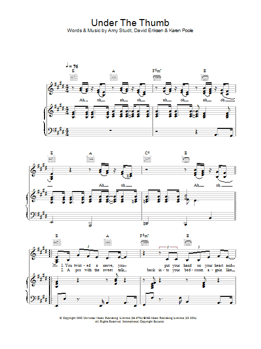 Amy Studt Under The Thumb sheet music notes and chords arranged for Piano, Vocal & Guitar Chords