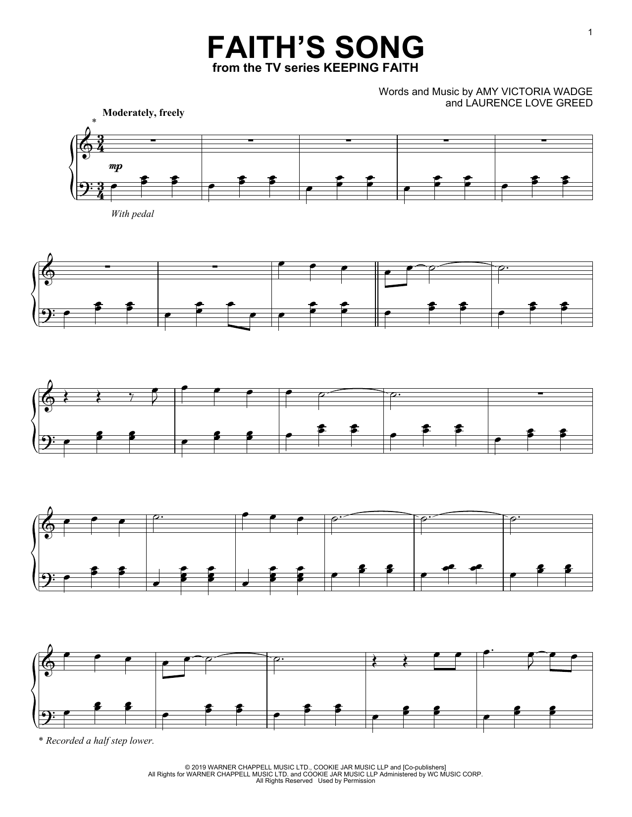 Amy Wadge Faith's Song (arr. Laurence Love Greed) (from the TV series Keeping Faith) sheet music notes and chords arranged for Piano Solo