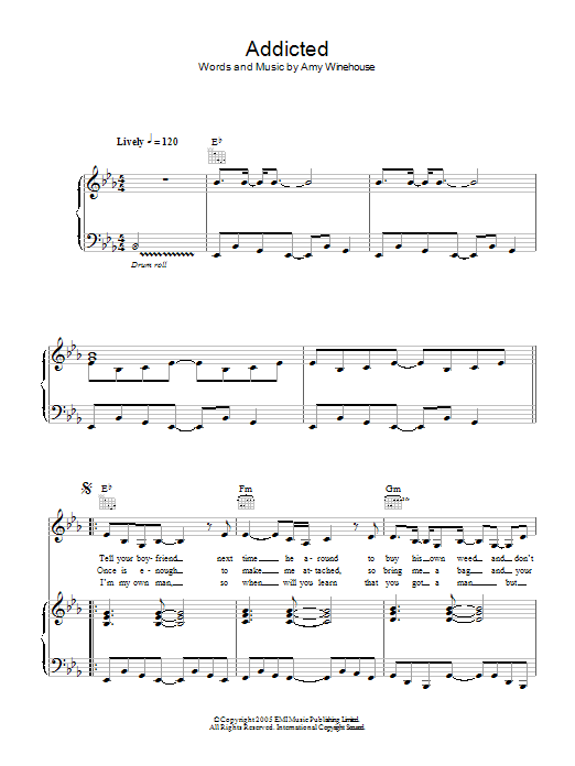 Amy Winehouse Addicted sheet music notes and chords arranged for Piano, Vocal & Guitar Chords