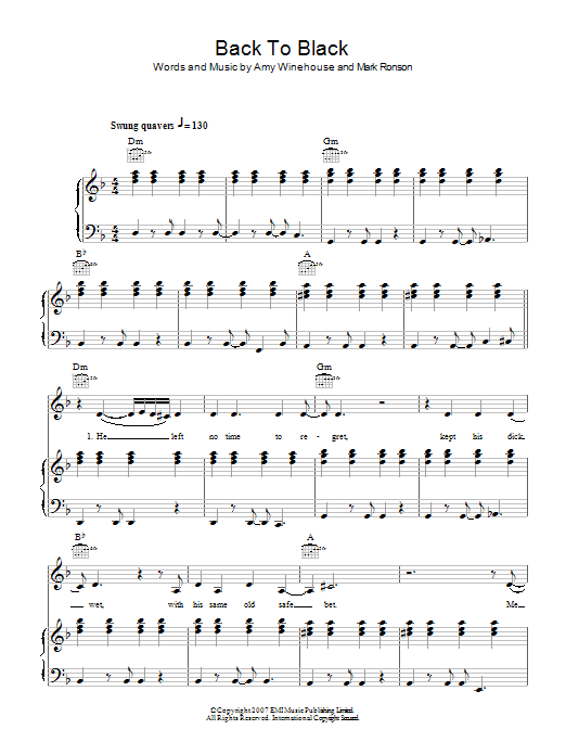Amy Winehouse Back To Black sheet music notes and chords arranged for Piano, Vocal & Guitar Chords