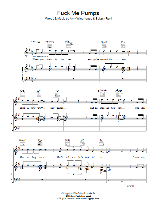 Amy Winehouse F**k Me Pumps sheet music notes and chords arranged for Piano, Vocal & Guitar Chords