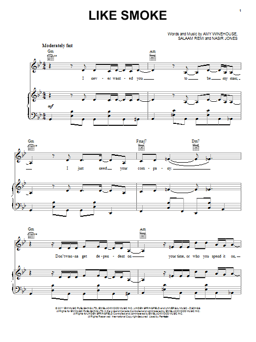 Amy Winehouse Like Smoke sheet music notes and chords arranged for Piano, Vocal & Guitar Chords (Right-Hand Melody)