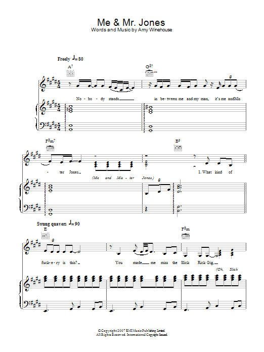 Amy Winehouse Me And Mr. Jones sheet music notes and chords arranged for Piano, Vocal & Guitar Chords