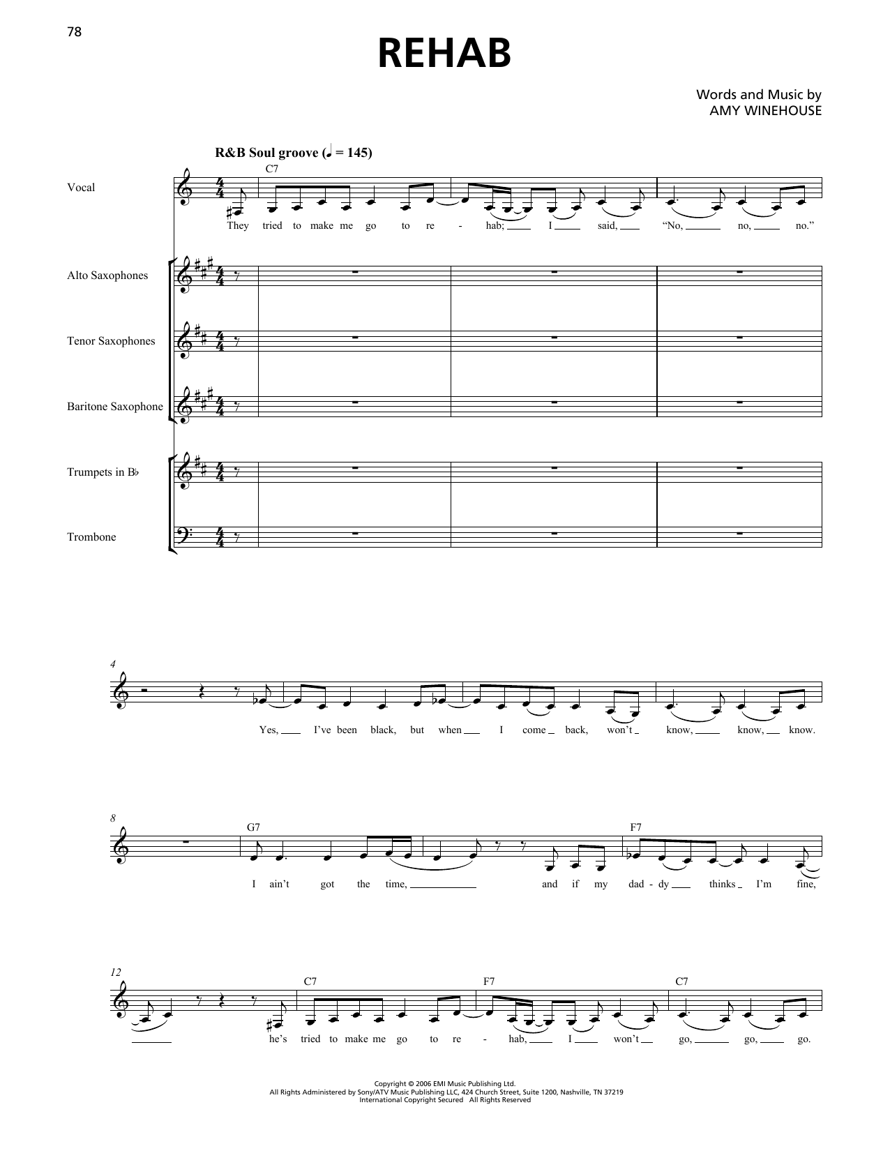 Amy Winehouse Rehab (Horn Section) sheet music notes and chords arranged for Transcribed Score