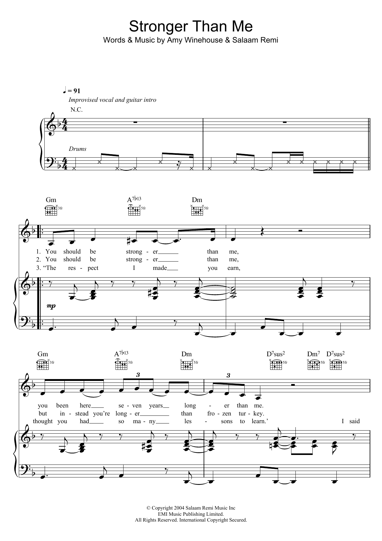 Amy Winehouse Stronger Than Me sheet music notes and chords arranged for Piano, Vocal & Guitar Chords