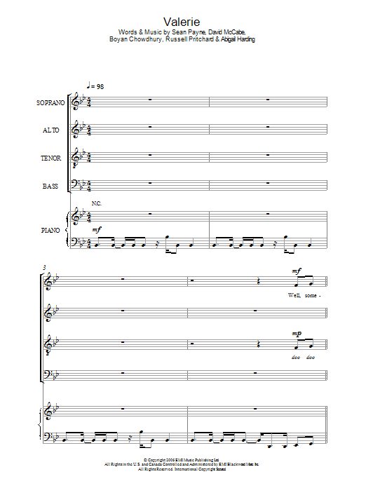 Amy Winehouse Valerie (arr. Jeremy Birchall) sheet music notes and chords arranged for SATB Choir