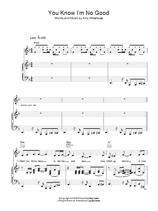 Amy Winehouse You Know I'm No Good sheet music notes and chords arranged for Piano, Vocal & Guitar Chords
