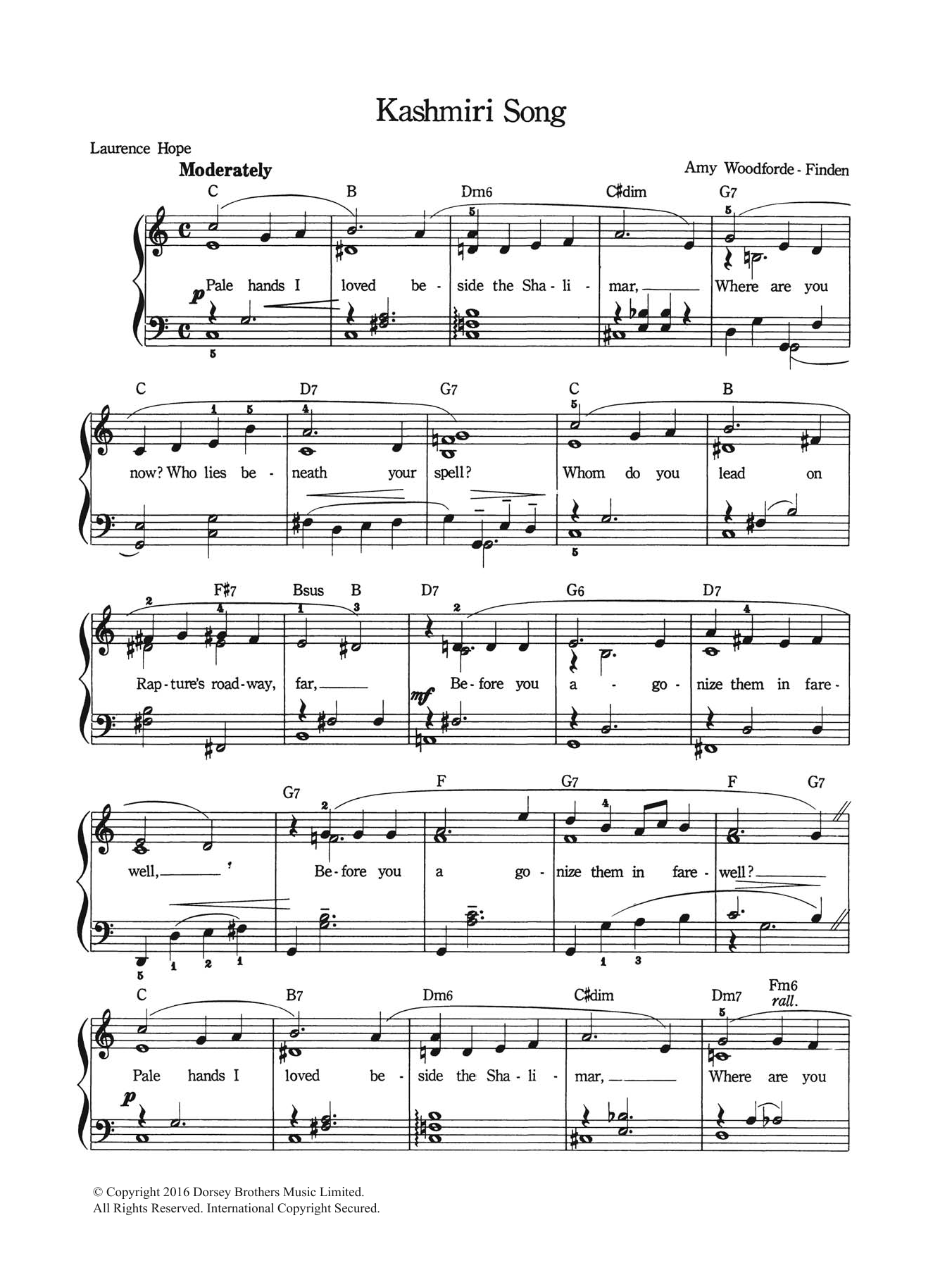 Amy Woodforde-Finden Kashmiri Song sheet music notes and chords arranged for Piano & Vocal