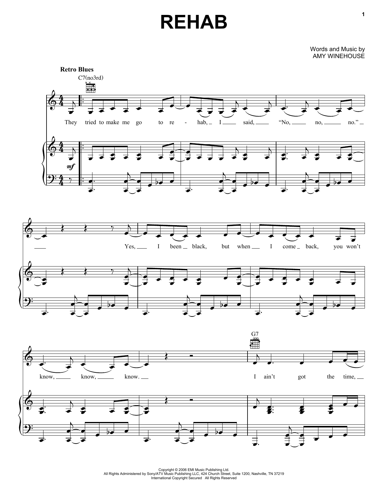 Amy Winehouse Rehab sheet music notes and chords. Download Printable PDF.