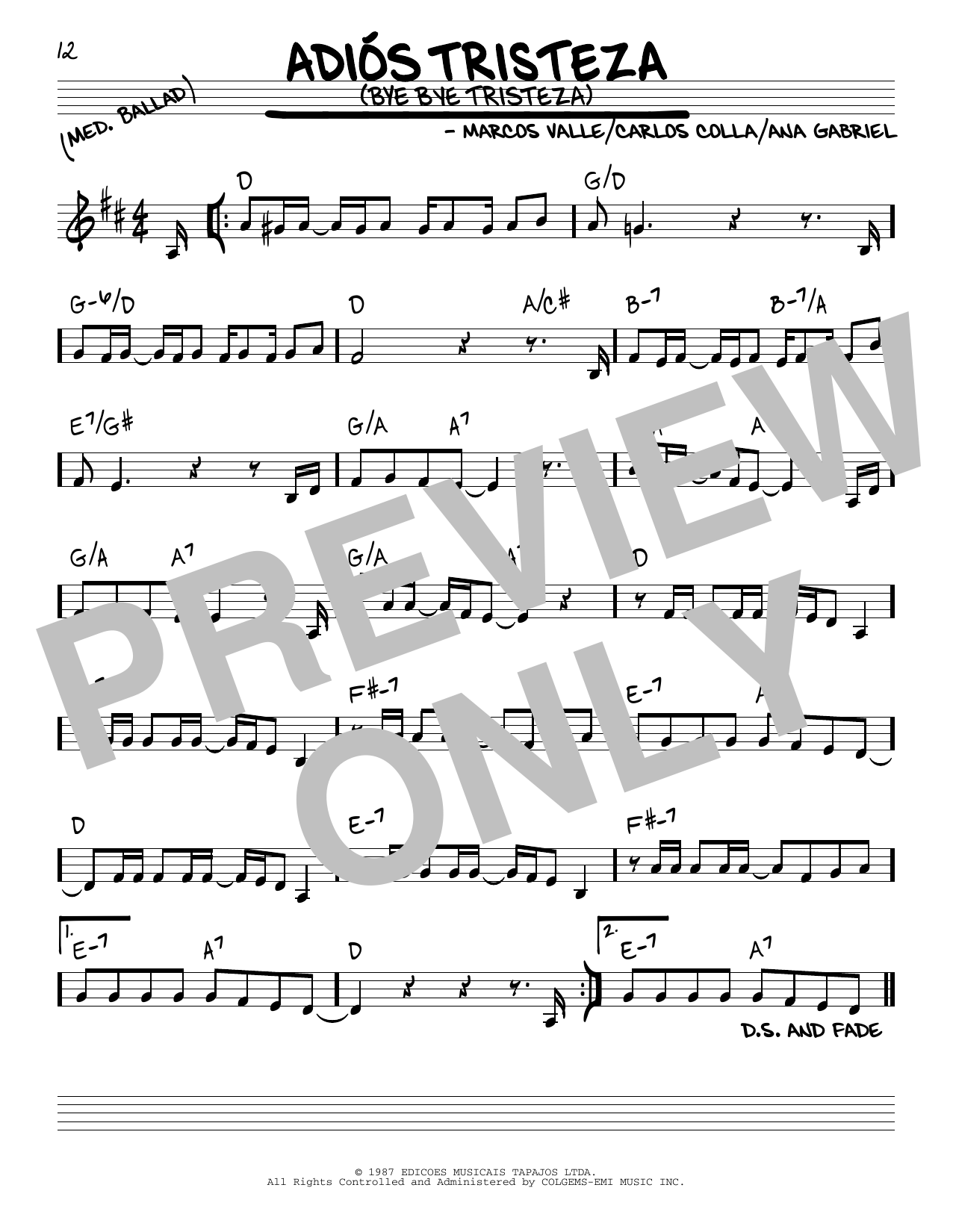 Ana Gabriel Adios Tristeza (Bye Bye Tristeza) sheet music notes and chords arranged for Real Book – Melody & Chords