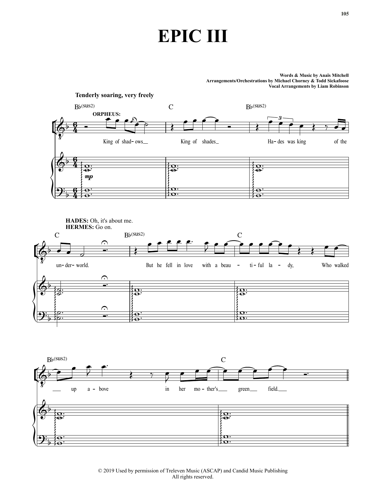 Anais Mitchell Epic III (from Hadestown) sheet music notes and chords arranged for Piano & Vocal