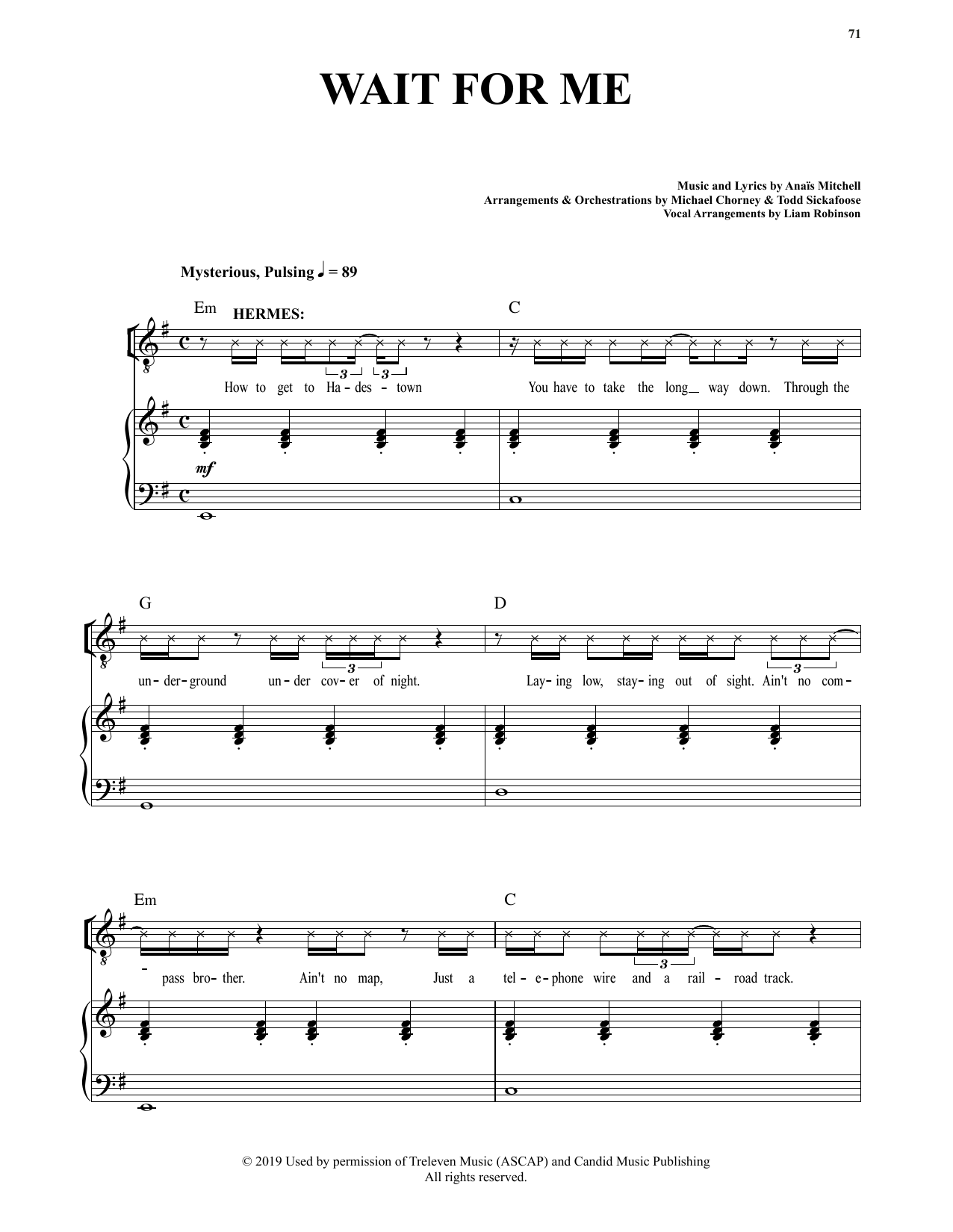 Anais Mitchell Wait For Me (from Hadestown) sheet music notes and chords arranged for Piano & Vocal