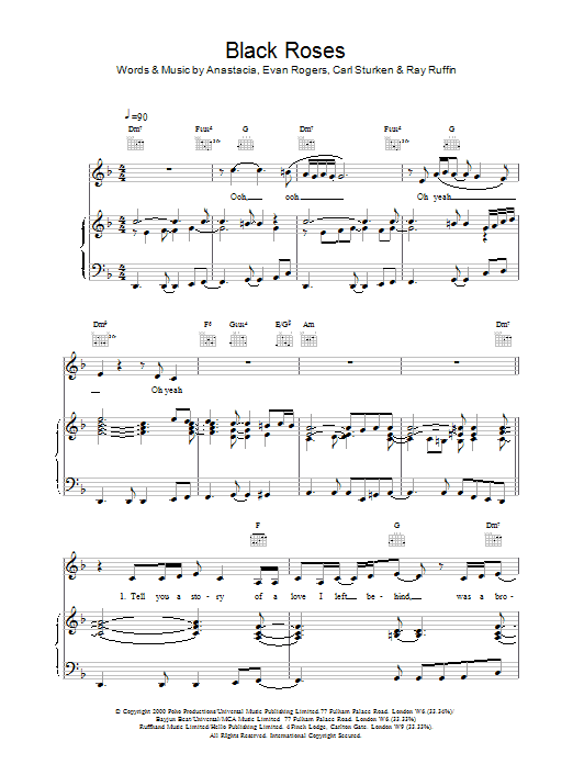 Anastacia Black Roses sheet music notes and chords arranged for Piano, Vocal & Guitar Chords