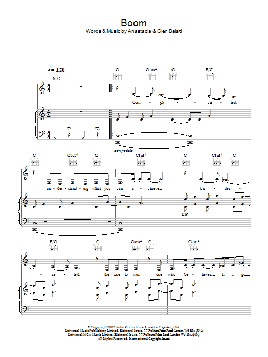 Anastacia Boom sheet music notes and chords arranged for Piano, Vocal & Guitar Chords