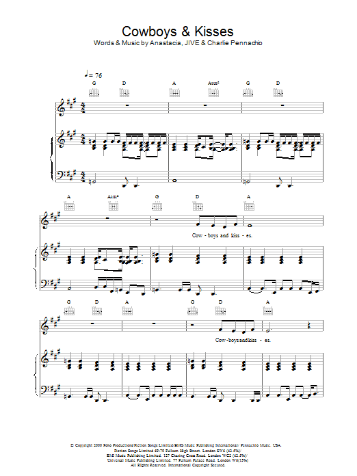 Anastacia Cowboys & Kisses sheet music notes and chords arranged for Piano, Vocal & Guitar Chords