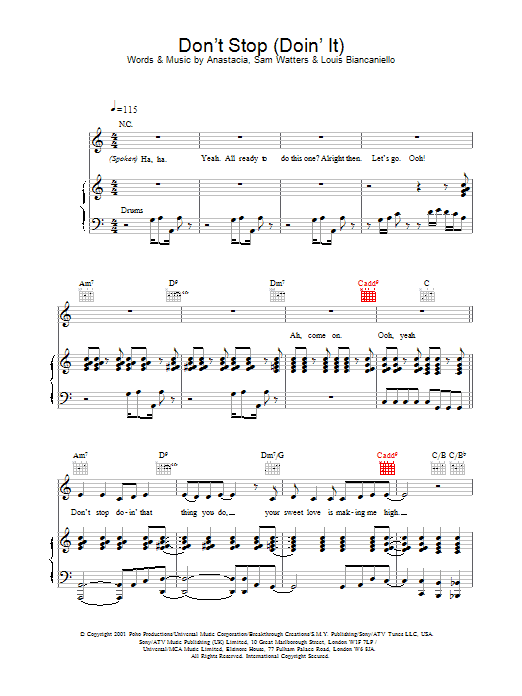 Anastacia Don't Stop (Doin' It) sheet music notes and chords arranged for Piano, Vocal & Guitar Chords