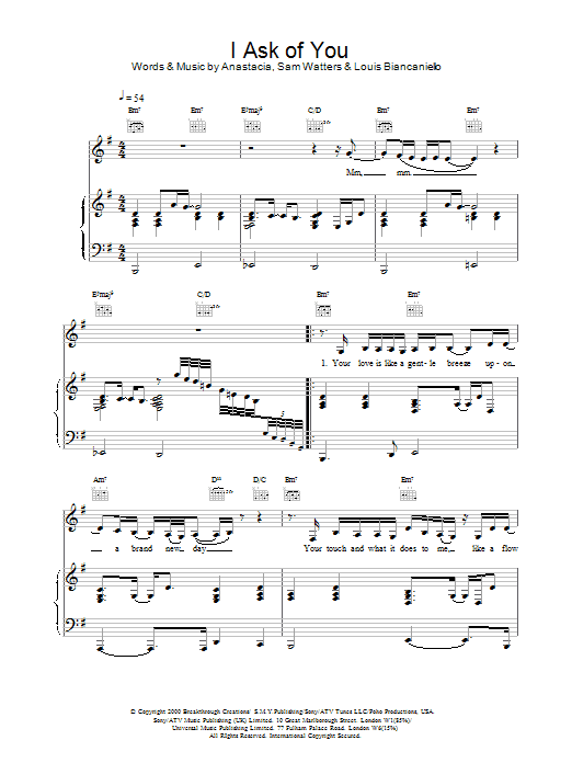 Anastacia I Ask Of You sheet music notes and chords arranged for Piano, Vocal & Guitar Chords